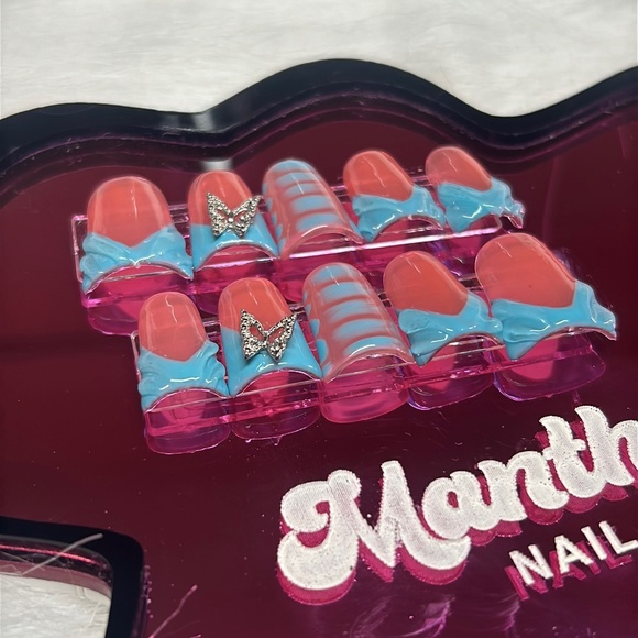 Short Duck Nails | Size Large with Blue French Tips & 3D Butterfly Charms | Free - Picture 3 of 5